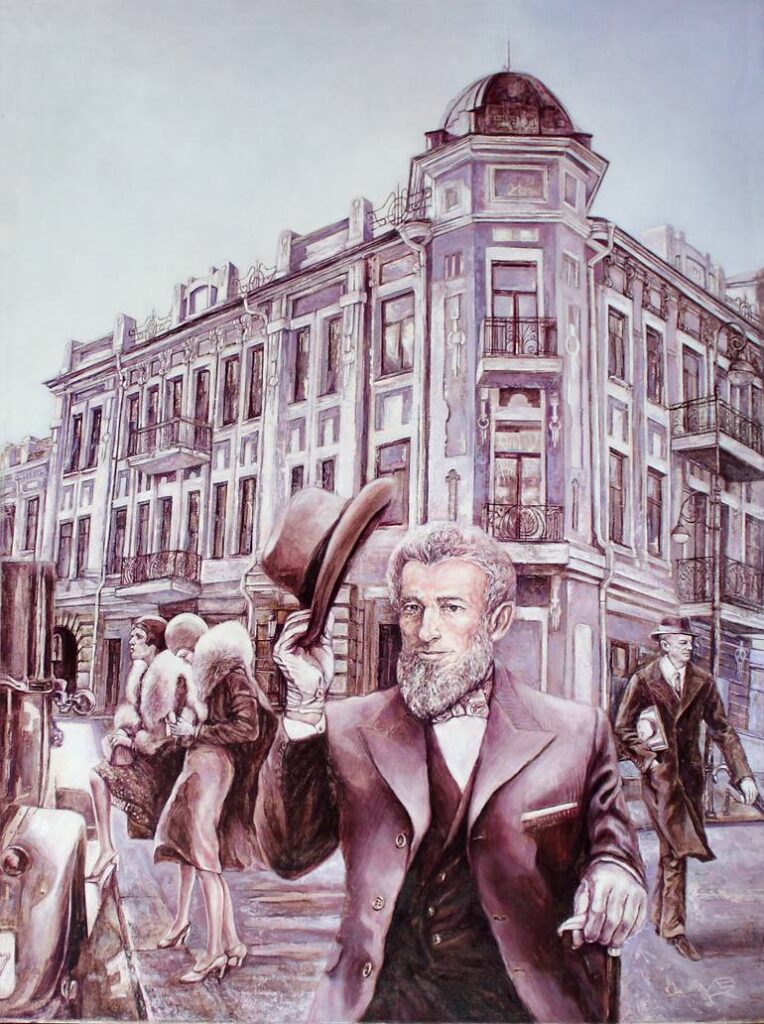 Painting of George Phillips, Denbigh in front of his home in Vladivostok.